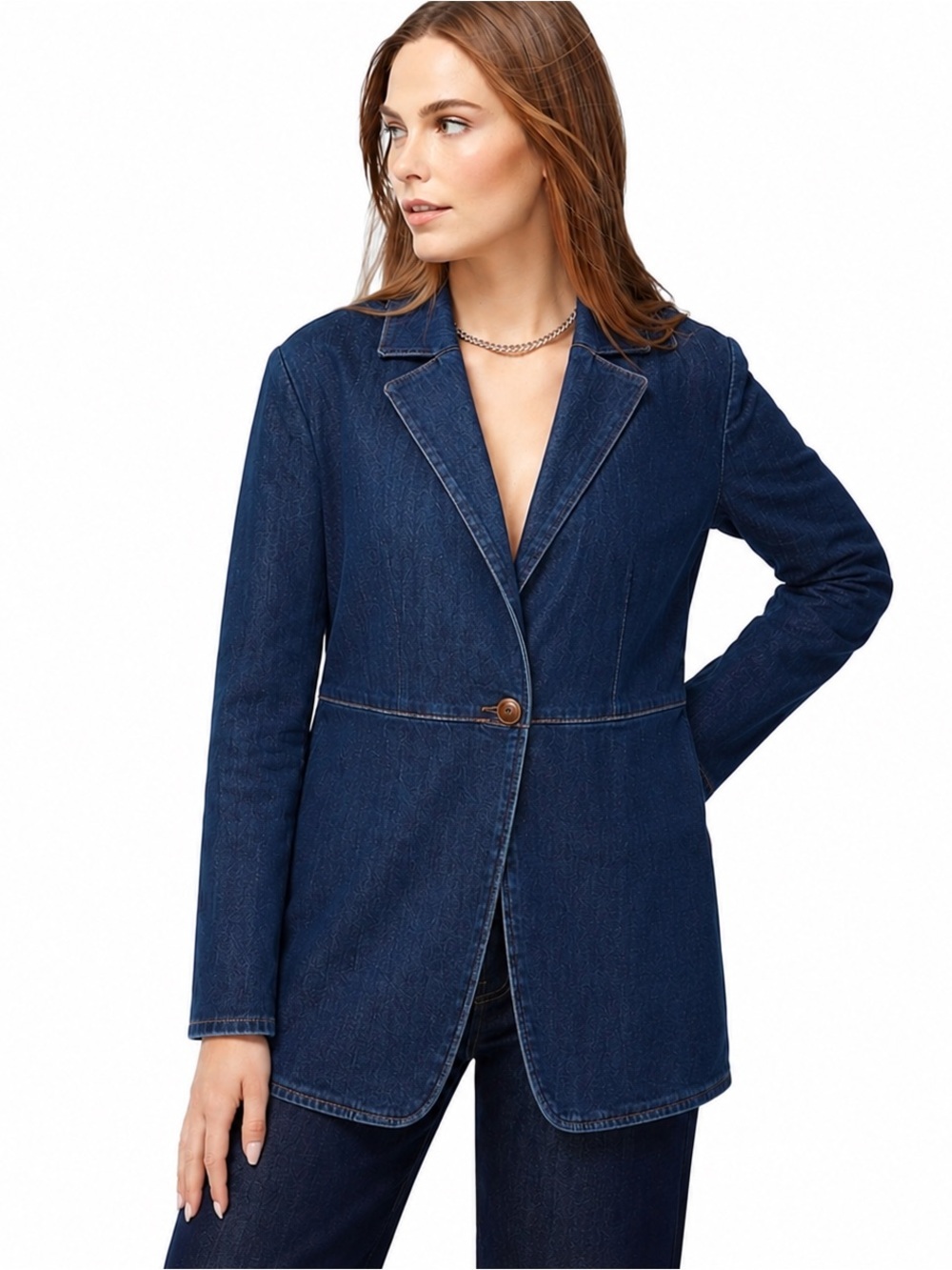 Women’s Dark Wash Denim Blazer Tortoise Button CHICO’S Size 8